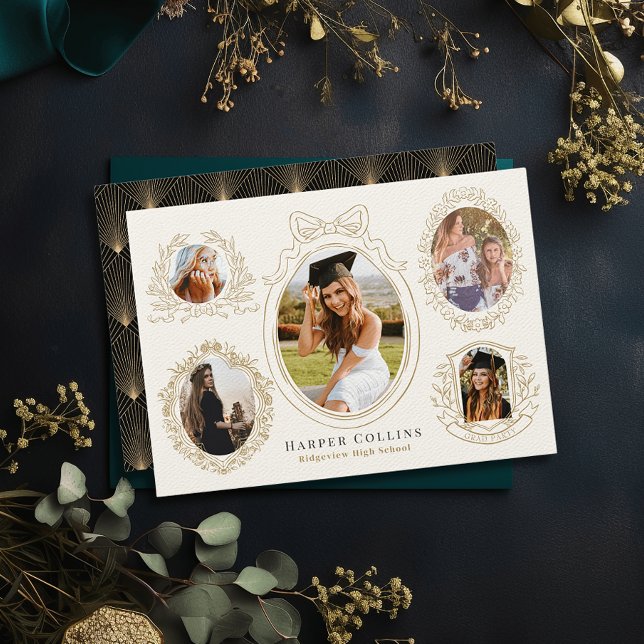 Goldrahmen und botanische Akzente Creme Abschluss Einladung (Von Creator hochgeladen)