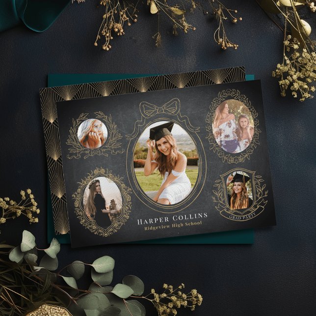 Goldrahmen und botanische Akzente Schwarzer Abschl Einladung (Von Creator hochgeladen)