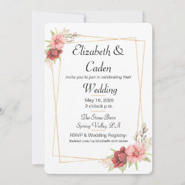 Goldrahmen und Rosa Blumen Einladung zur Hochzeit