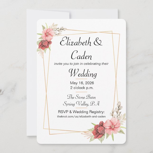 Goldrahmen und Rosa Blumen Einladung zur Hochzeit (Vorderseite)