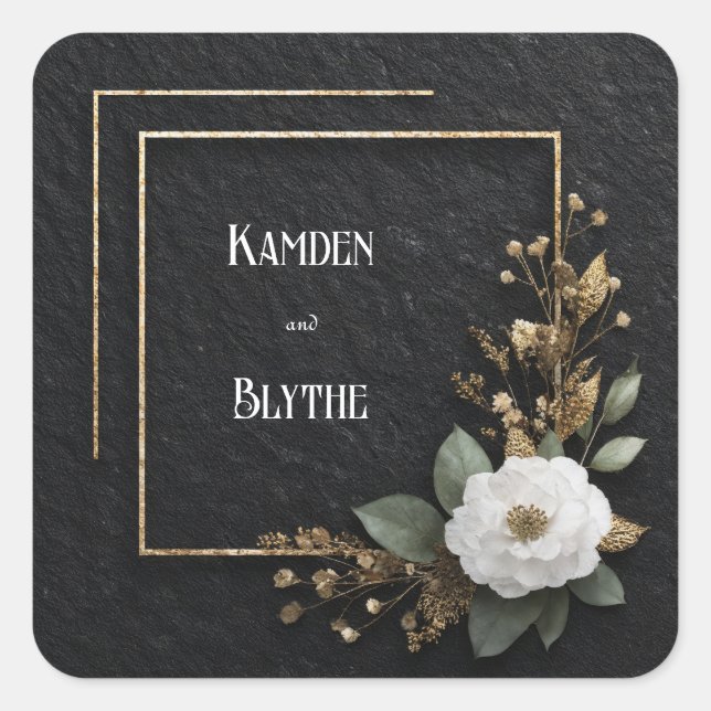 Goldrahmen und weiße Kamelien Hochzeit Quadratischer Aufkleber (Vorderseite)