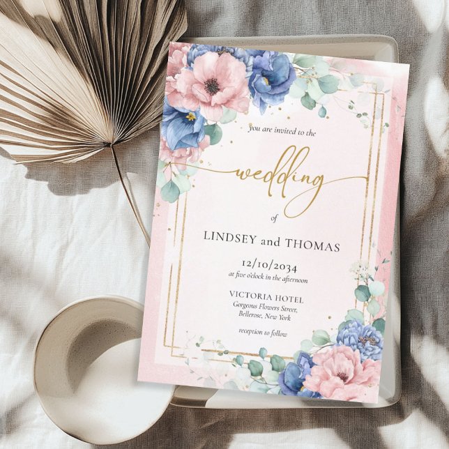 Goldrahmen von Boho pink und blau Einladung (Boho pink and blue floral eucalyptus gold frame invitation)