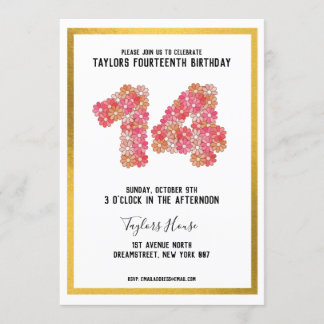 Goldrand Metallic Floral 14. Geburtstagsparty Einladung