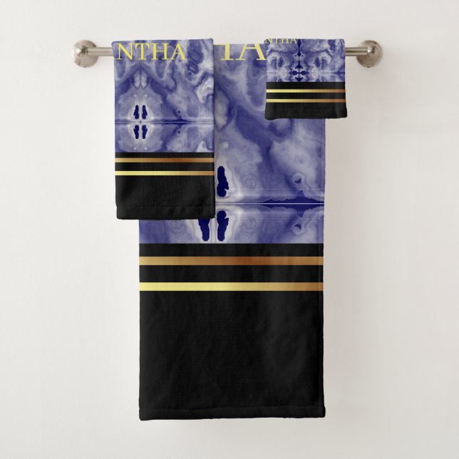 Goldränder, geometrisch, schwarz und blau, Marmor Badhandtuch Set (Insitu)