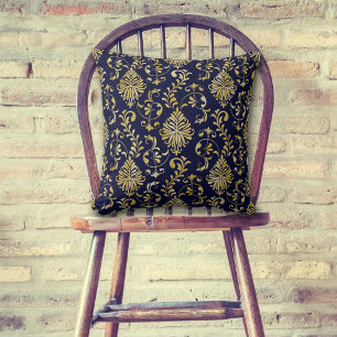 Goldrausch Damask Muster auf blau Kissen