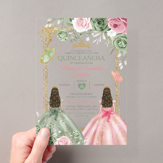 Goldrausch Grün und Rosa Twin Quinceañera Acryleinladungen (Insitu (Handheld))
