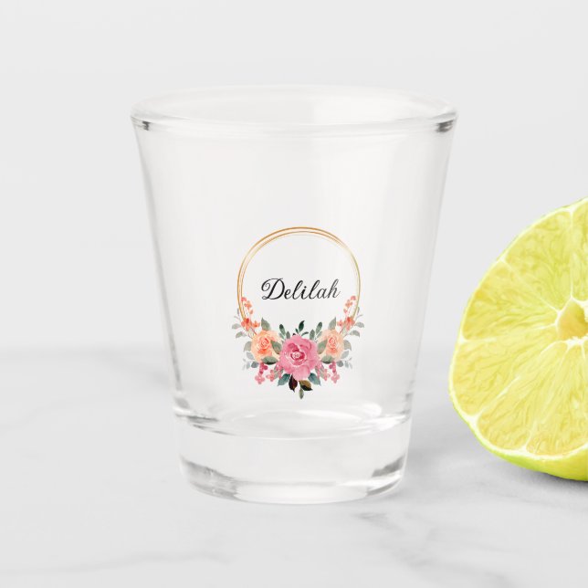 Goldrennen mit rosa und pfirsichfarbener Rose Blum Schnapsglas (Vorderseite)