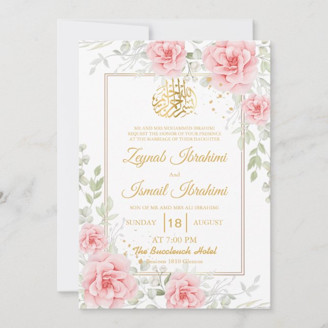 Goldromantische rosa florale islamische Hochzeit Einladung (Vorderseite)