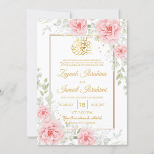 Goldromantische rosa florale islamische Hochzeit Einladung
