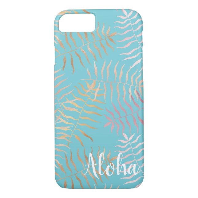 Goldrosa Aqua-tropisches Blätter Case-Mate iPhone Hülle (Rückseite)
