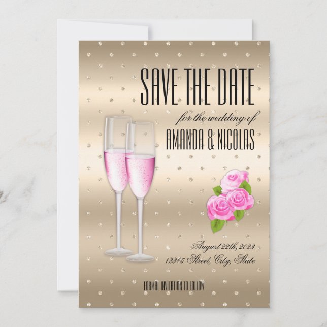Goldrosa Champagner Save the Date Hochzeit Einladung (Vorderseite)