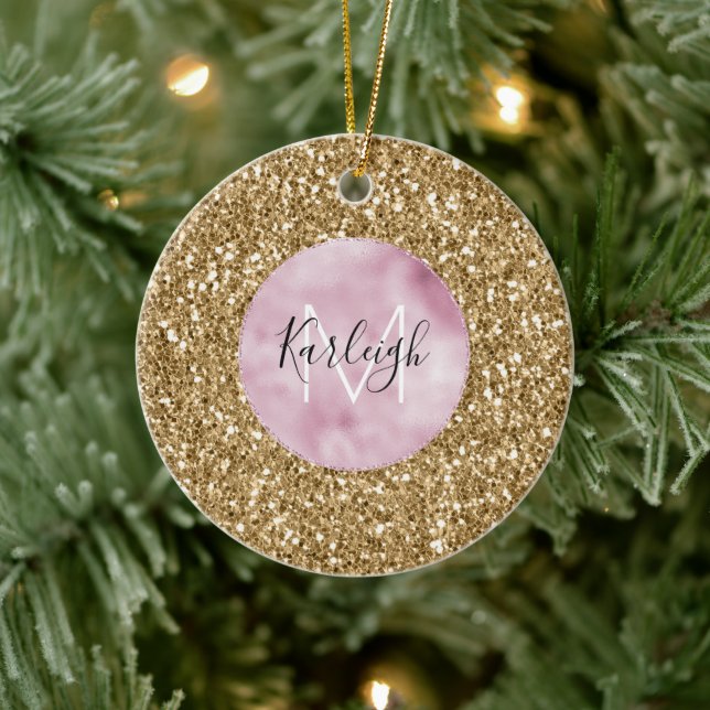 Goldrosa Glitzy-Glitzer Monogram personalisiert Keramik Ornament (Baum)