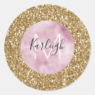 Goldrosa Glitzy-Glitzer Monogram personalisiert Runder Aufkleber