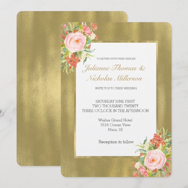 Goldrosa-Hochzeit Einladung (Vorne/Hinten)