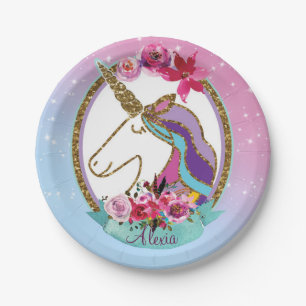Goldrosa lila magisches Unicorn-Geburtstags-Party Pappteller
