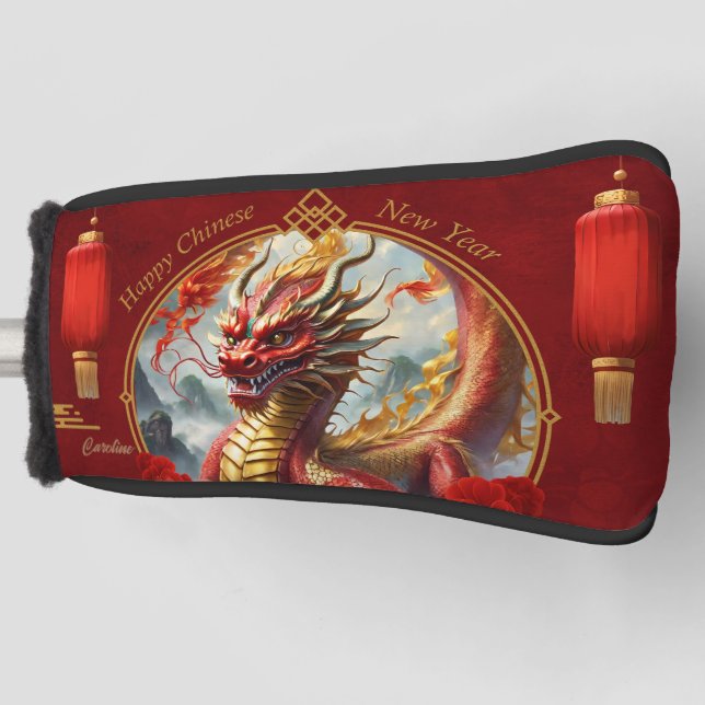 Goldrot chinesischer Drache wünschen Ihnen ein glü Golf Headcover (Vorderseite)