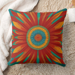 Goldrot-orange-aquamarin-blaue Blume im marokkanis Kissen