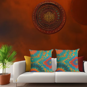 Goldrot-orange-aquamarin-blaue Blume im marokkanis Kissen