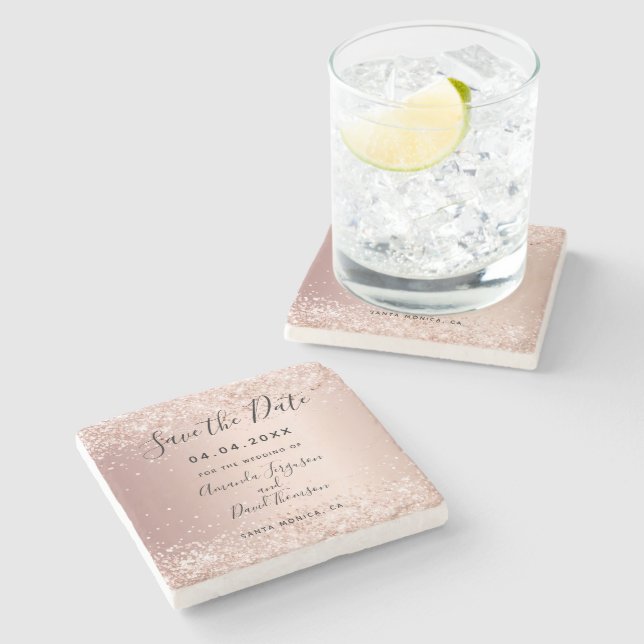 Goldrot-Rose-Hochzeit Save the Date Glitzer Steinuntersetzer (Seitenansicht)