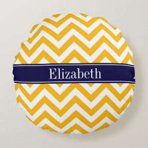 Goldrute Weiß LG Chevron Marineblau Namensmonogram Rundes Kissen