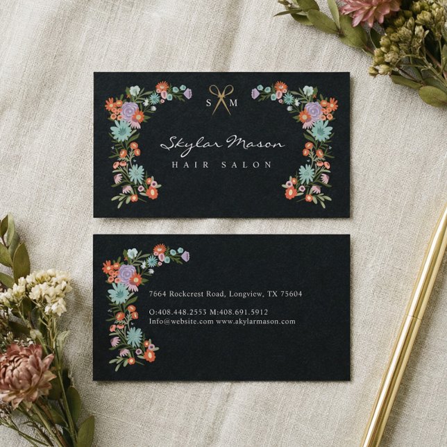 Goldschere Blumenhaar schwarz Visitenkarte (Gold Scissor Floral Wreath Hair Stylist Black Business Card)