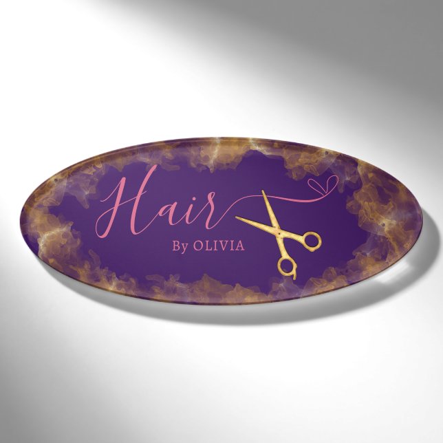 Goldschere Lila Haare Cut Schönheitssalon Elegante Namenschild (Vorderseite)