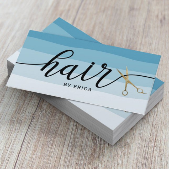 Goldschere Typografie Blue Shades Hair Stylist Visitenkarte (Von Creator hochgeladen)