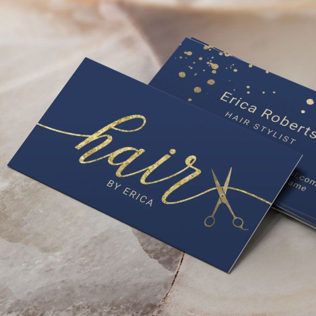 Goldschere Typografie Hair Stylist Navy Blue Visitenkarte (Von Creator hochgeladen)