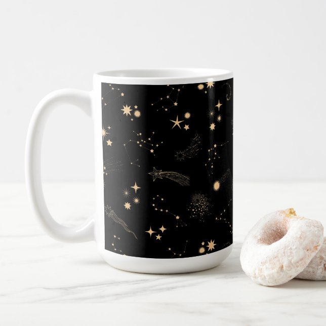 Goldschießsterne comicieren Himmel Nacht Kaffeetasse (Mit Donut)