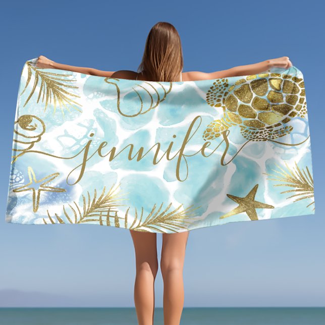 Goldschildkröte Tropischer Personalisierter Name Strandtuch (Gold Turtle Tropical Personalized Name Beach Towel)