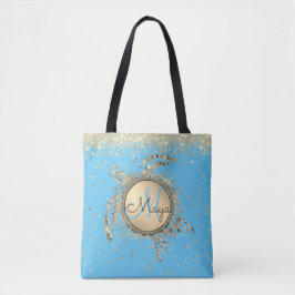 Goldschildkröten-Monogram-Glitzer auf BLue Tasche