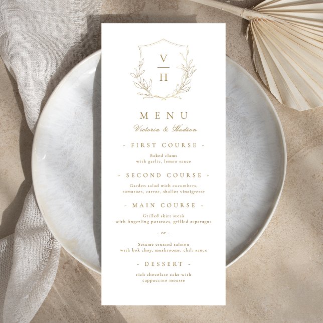 Goldschlichte Hochzeit mit botanischem Wappen Menükarte (Gold simple botanical crest monogram wedding menu)