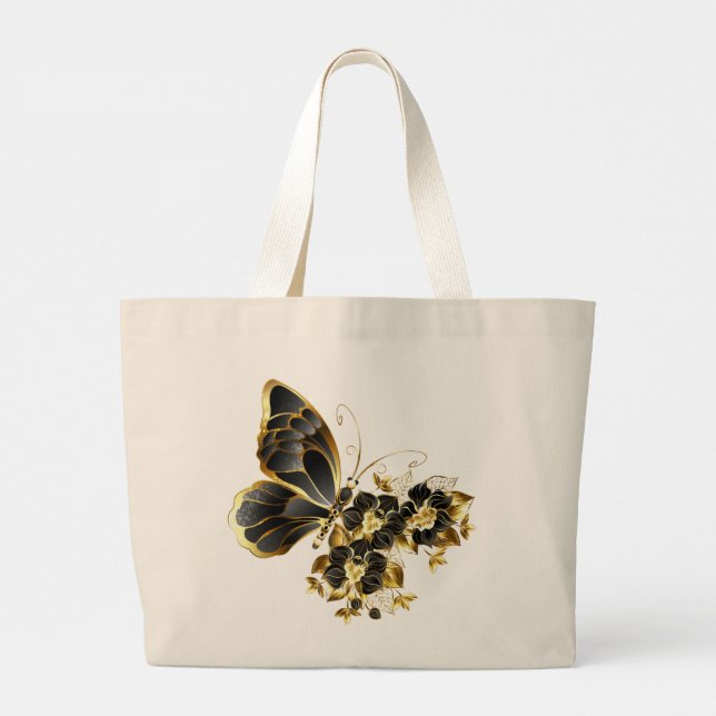 Goldschmetterling mit schwarzem Orchid Jumbo Stoffbeutel (Rückseite)