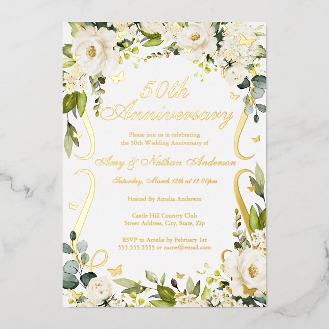 Goldschmetterlingsrolle 50. Hochzeitstag Folieneinladung (Vorderseite)