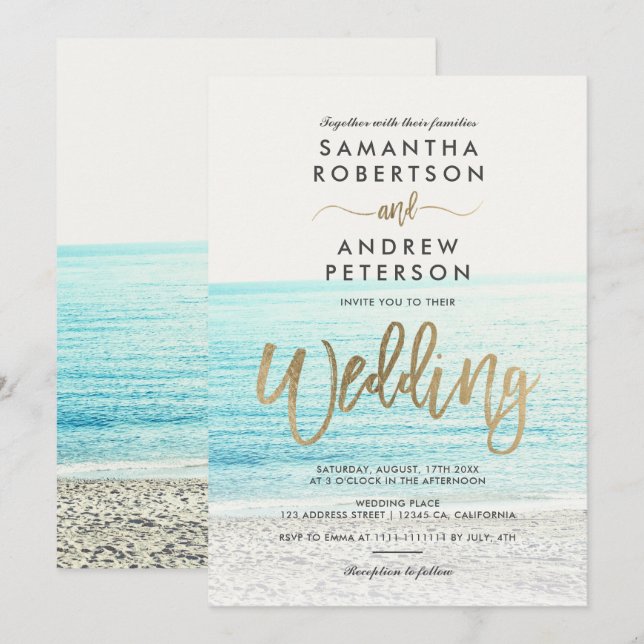 Goldschmiedettipografie Beach Foto Hochzeit Einladung (Vorne/Hinten)