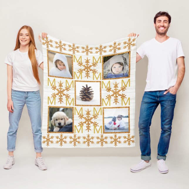 Goldschneeflocke Optionales Monogramm 5-Foto Fleecedecke (Beispiel)