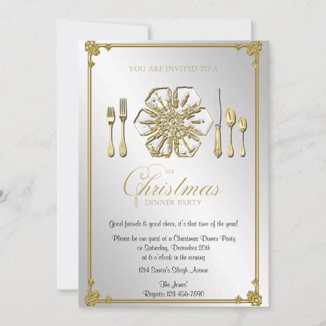 Goldschneeflocke-Weihnachtsabendessen-Party Einladung (Vorderseite)