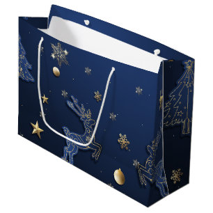 Goldschneeflocken Blauer Weihnachtsbaum Rentier Große Geschenktüte
