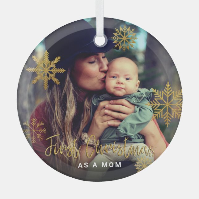 Goldschneeflocken Erste Weihnachten als Mama Foto Ornament Aus Glas (Vorderseite)
