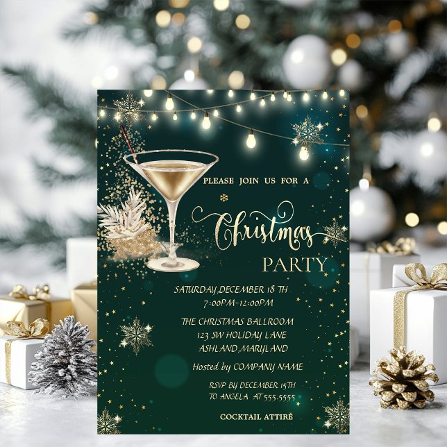Goldschneeflocken, Glas, Lichter, grüne Weihnachte Einladung (Von Creator hochgeladen)