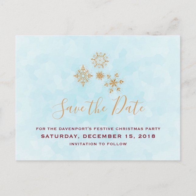 Goldschneeflocken Save the Date auf Blauer Frost Postkarte (Vorderseite)