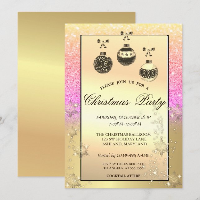 Goldschneeflocken, Weihnachtsbälle Glitzer Company Einladung (Vorne/Hinten)