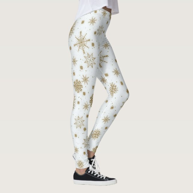 Goldschneeflocken Weißes Design Leggings (Rechts)