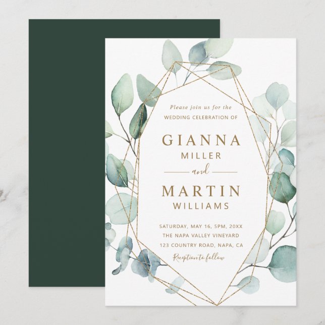 Goldschrift Geometric Greenerage Foliage Hochzeit Einladung (Vorne/Hinten)