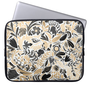 Goldschwarz-Blumen-Blätter-Illustrationsmuster Laptopschutzhülle