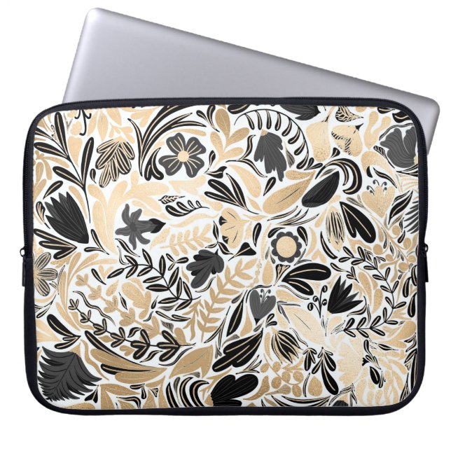 Goldschwarz-Blumen-Blätter-Illustrationsmuster Laptopschutzhülle (Vorderseite)