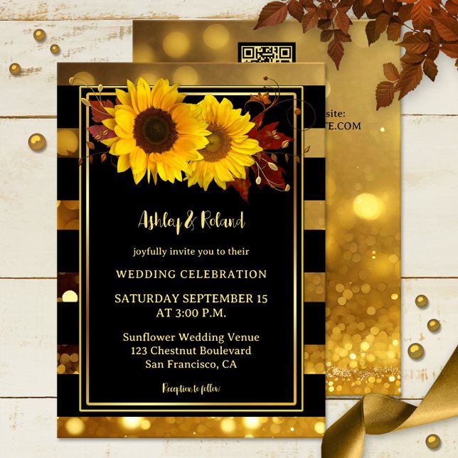 Goldschwarz gestreifte Sonnenblumenhochzeit Einladung (Wedding invitation featuring sunflowers and autumn leaves on black and sparkling gold stripes)