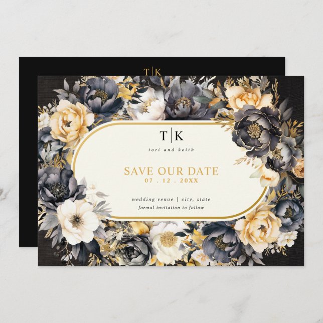 Goldschwarz-weiße Moody-Hochzeit Save The Date (Vorne/Hinten)