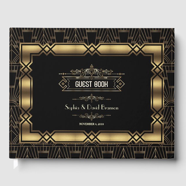 Goldschwarze Art Deco Gatsby im Stil der 20er Jahr Gästebuch (Vorderseite)