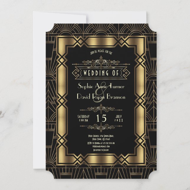 Goldschwarze Art Deco-Hochzeit der 20er Jahre Einladung (Vorderseite)
